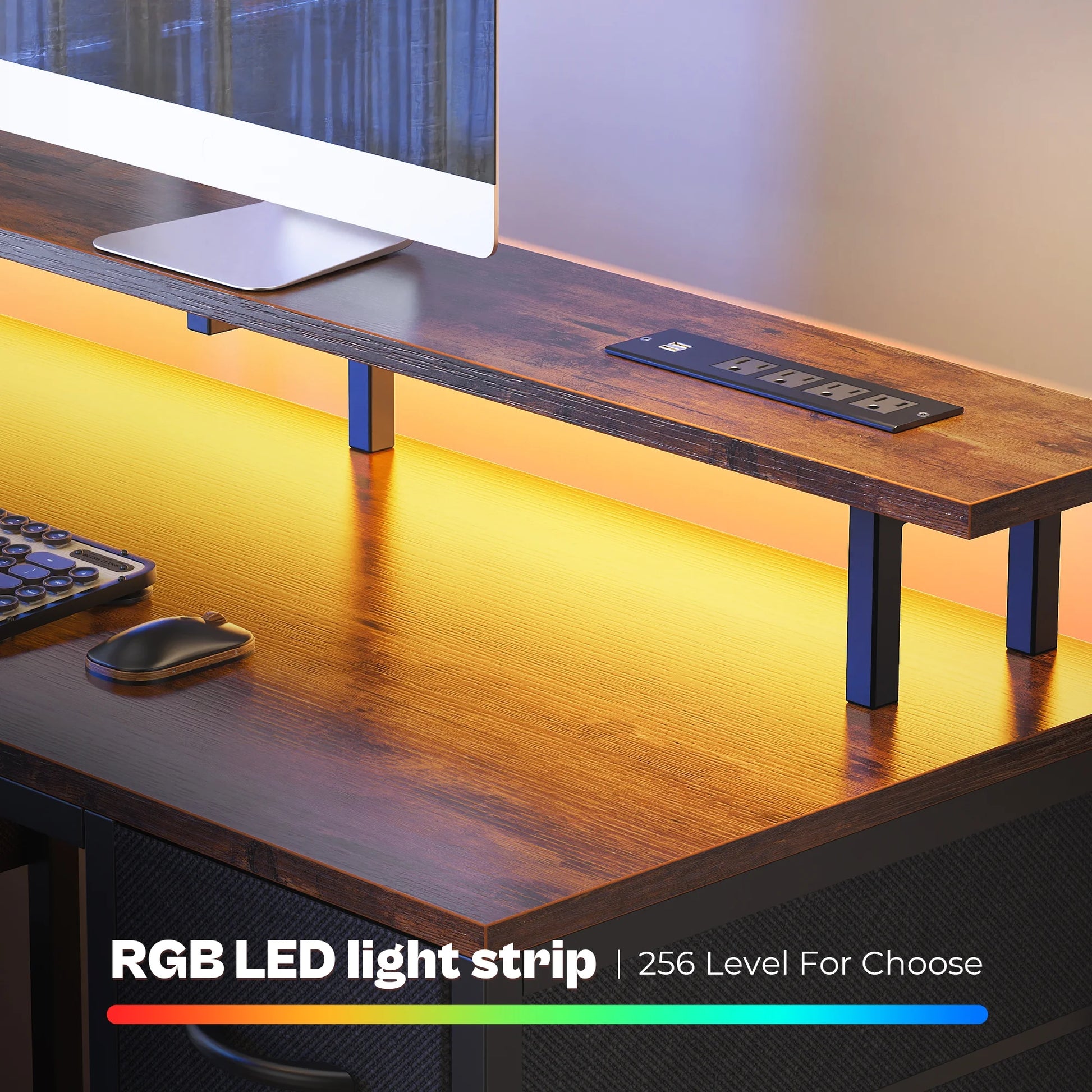 55.1" LED Gaming Desk with Drawers, with Outlets, 4 Drawers, Brown