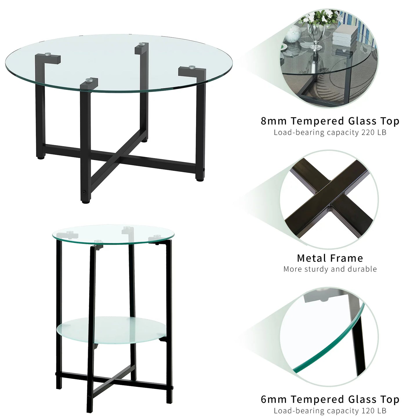 3 Piece Glass Coffee Table Set (Coffee Table and End Table) 