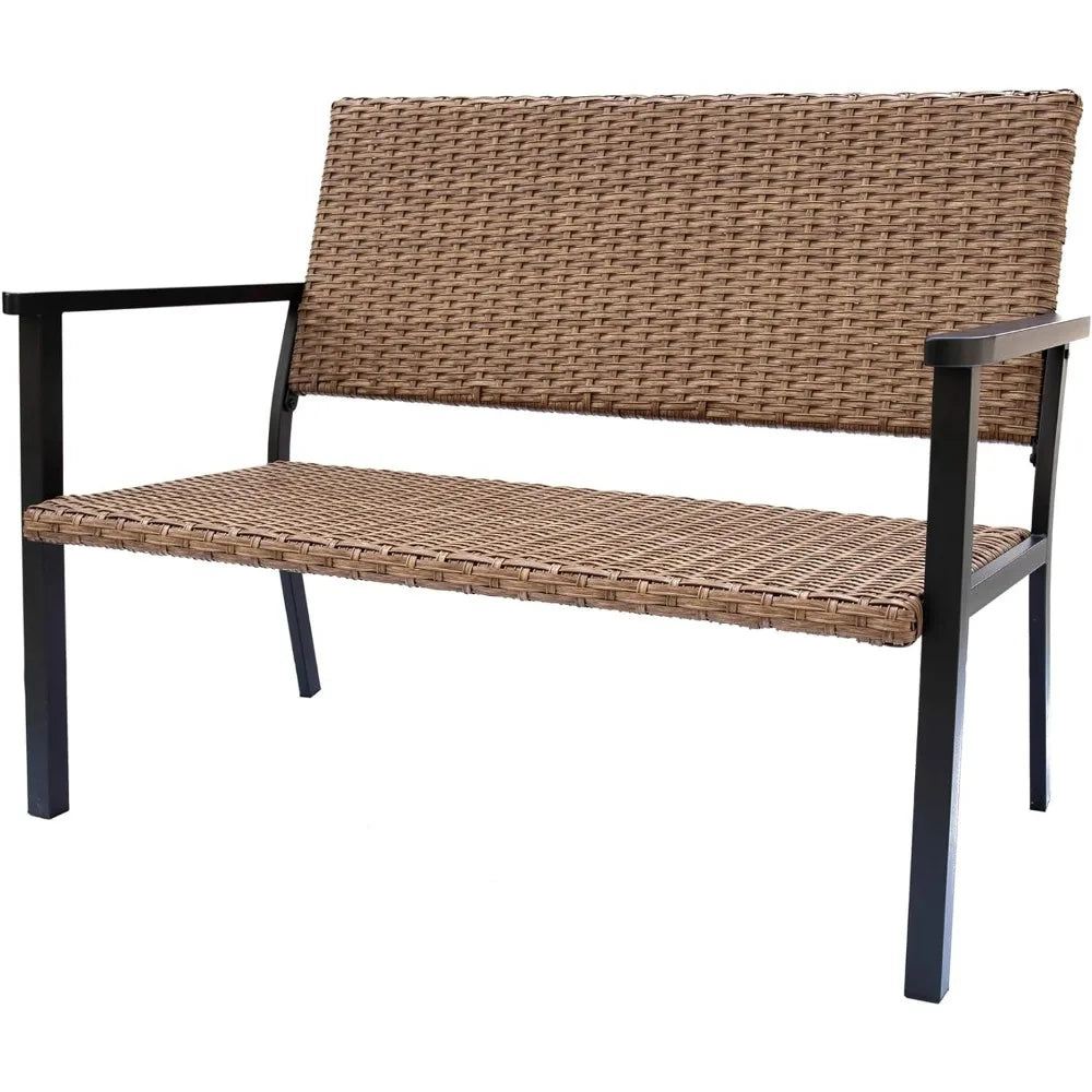 Outdoor Patio Bench Chair, Metal Frame, Natural All Weather Wicker Patio Benches