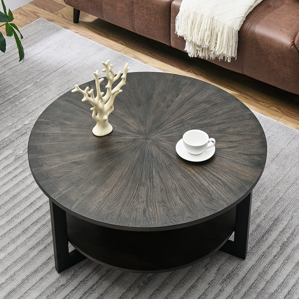 Round Coffee Table with Solid Wood Storage Circle Center Table Rustic Wood