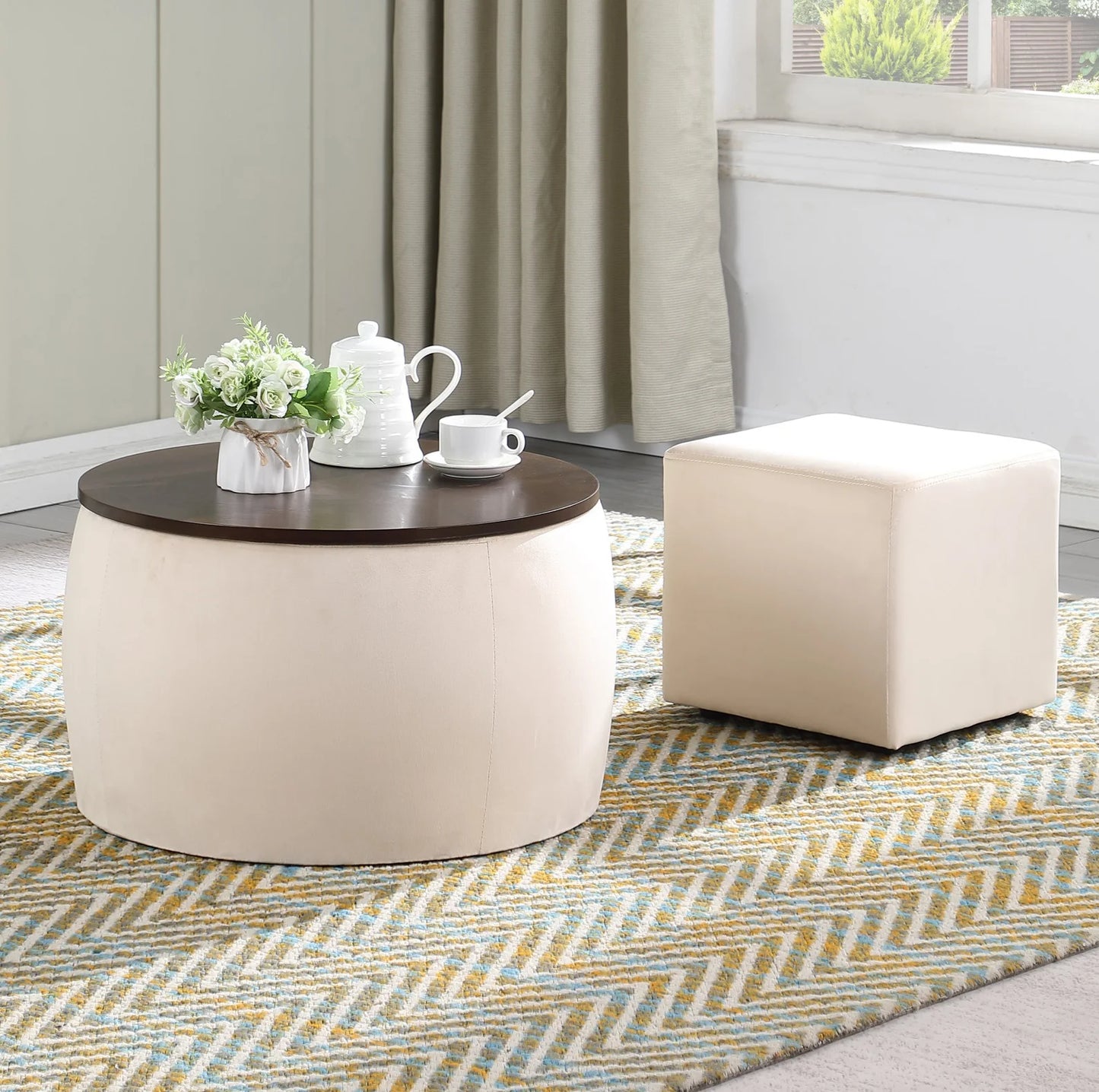 2 in 1 Storage Ottoman with Tray, round Ottoman Coffee Table with Foot Rest