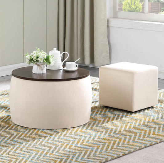 2 in 1 Storage Ottoman with Tray, round Ottoman Coffee Table with Foot Rest