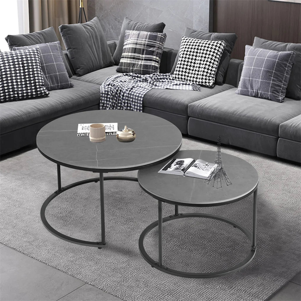 Modern Nesting round Grey Marble Top Coffee Table, Metal Legs