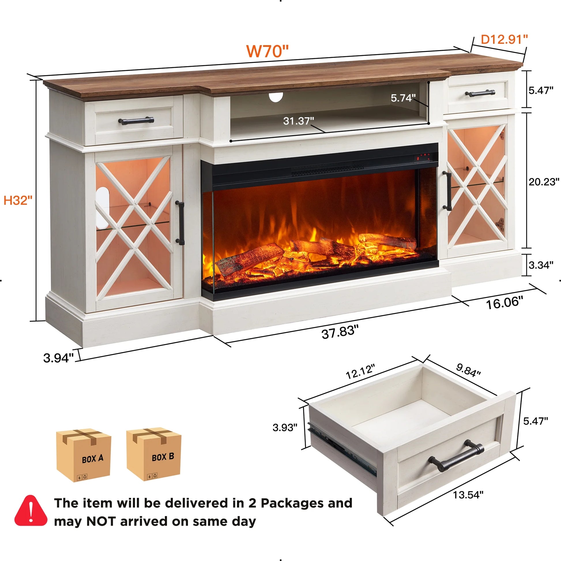 3-Sided Glass Farmhouse 70" Fireplace TV Stand for Tvs up to 80", with 36" Electric Fireplace, Antique White