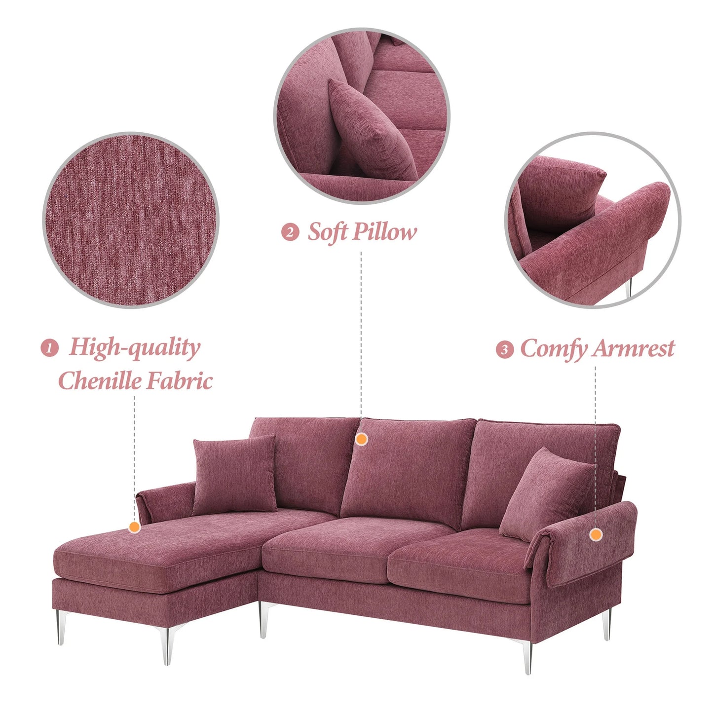 84" Convertible Sectional Sofa Couch, L Shaped Couch with 2 Pillows, 3 Seater, Pink