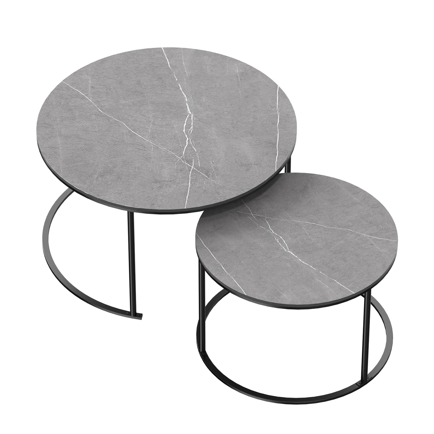 Modern Nesting round Grey Marble Top Coffee Table, Metal Legs