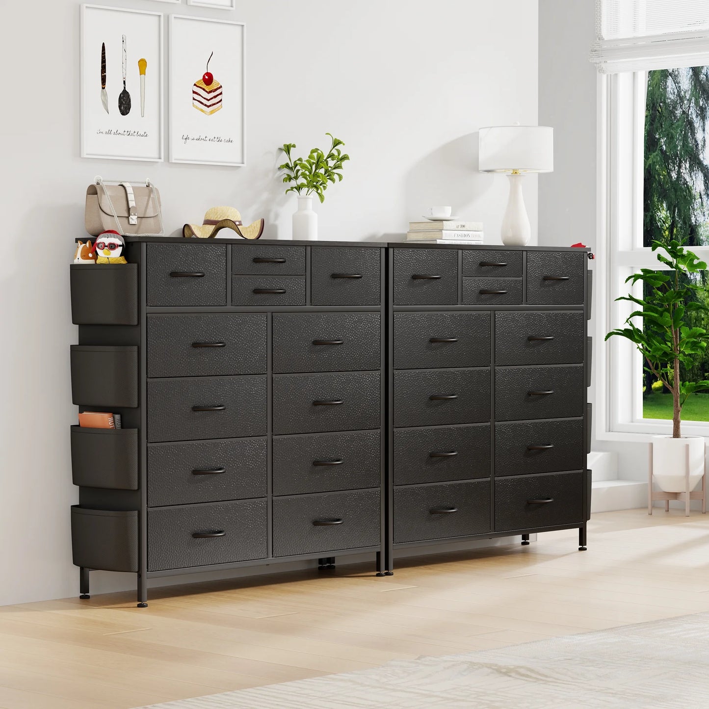 12 Drawer Dresser, Black Dresser Chest of Drawers with Side Pockets and Hooks, Black