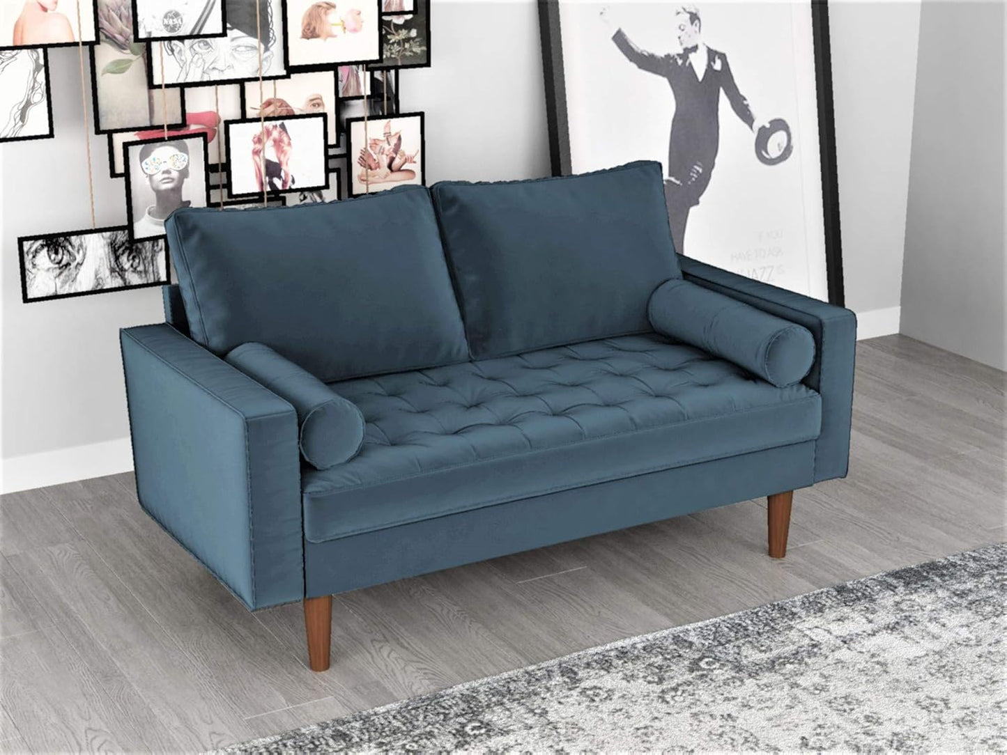 Womble Mid Century Modern Velvet Upholstered Tufted Seat with Bolster Pillows, Loveseat, Oxford Blue