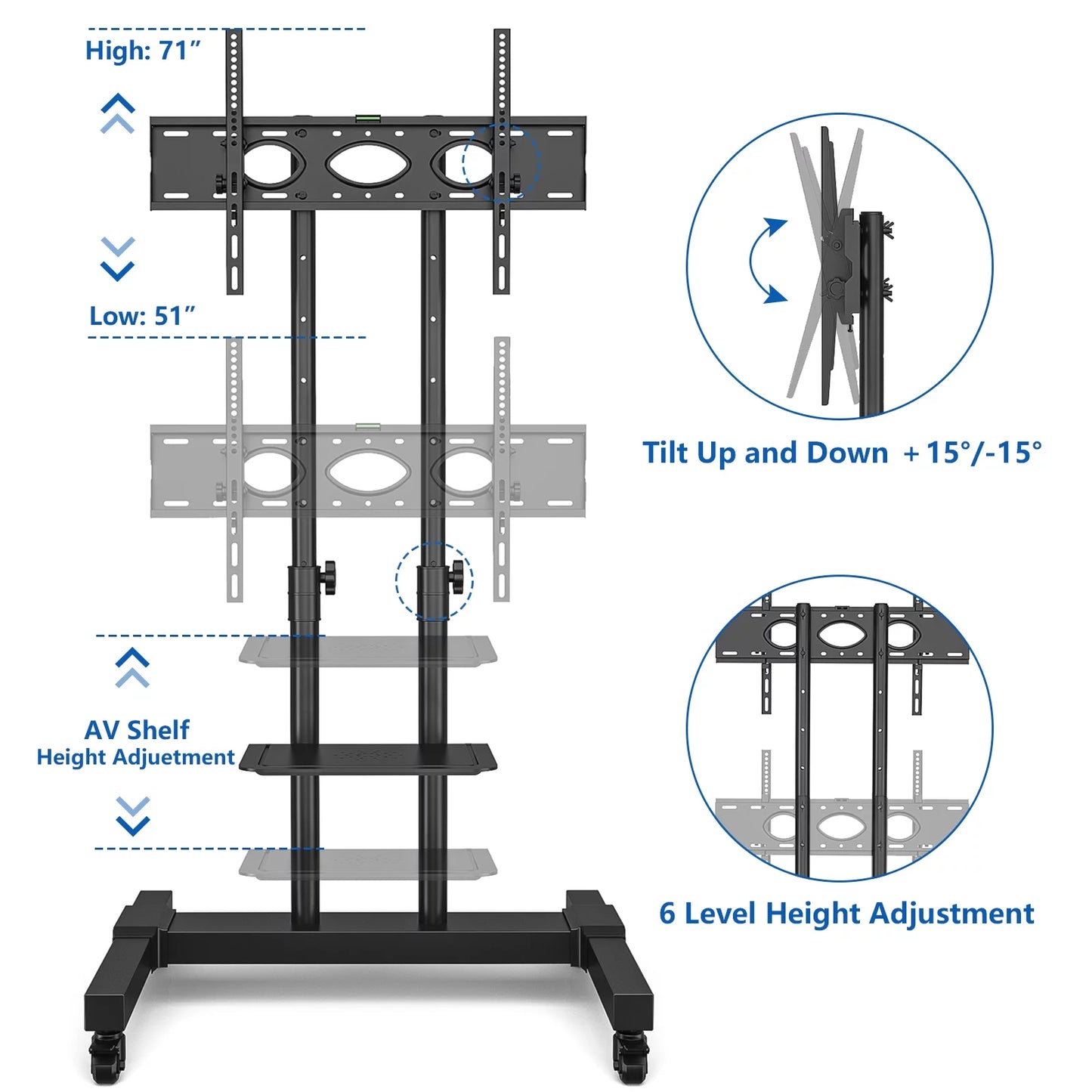 Wheels for Tvs up to 80 Inch Tilt Upgraded TV Cart, Black