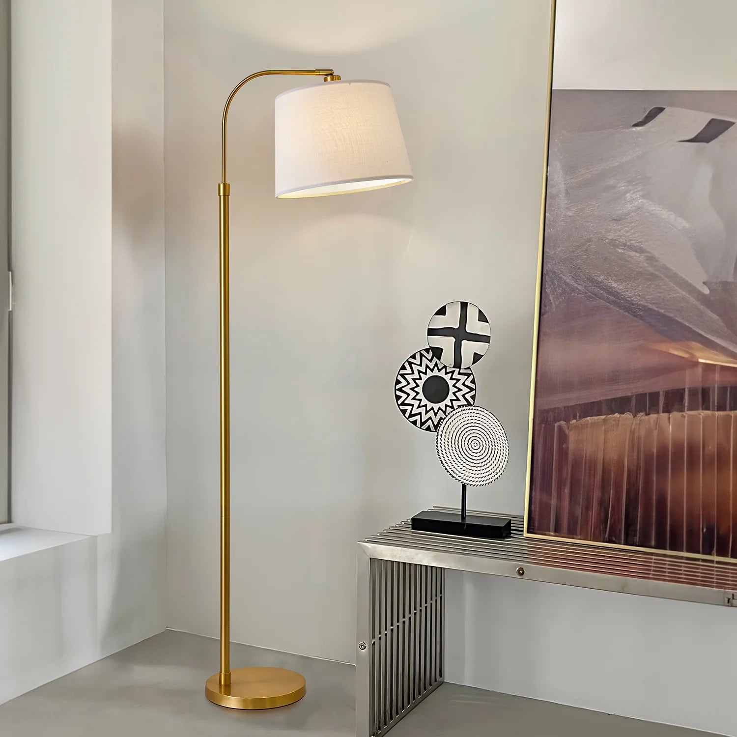 Arc Gold Mid-Century Floor Lamp, Modern Metal Standing Lamp, 62.5" Foot Switch Lighting