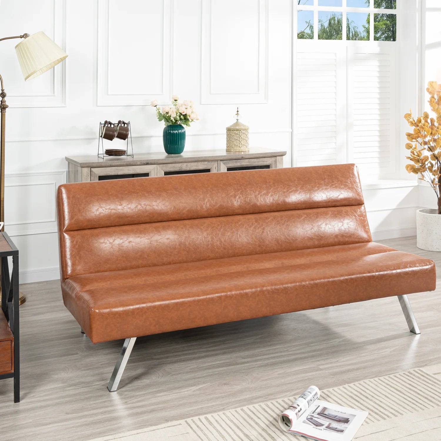 Faux Leather Futon Couch, Chrome Legs, Reclining Mini Couch - Caramel