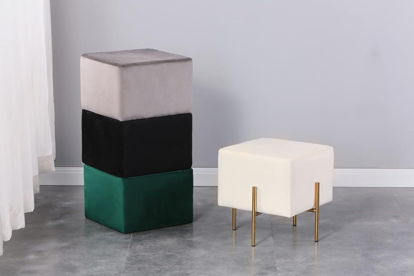 Velvet Ottoman Stool Set of 2, Cream Modern Gold Vanity Stool Square, Contemporary Foot Stool Ottoman, (Cream)