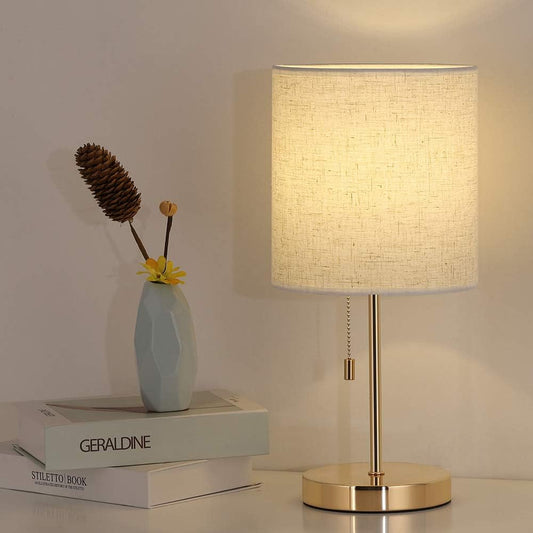 Table Lamp, Gold Nightstand Lamp, Metal Table Lamp with Linen Shade