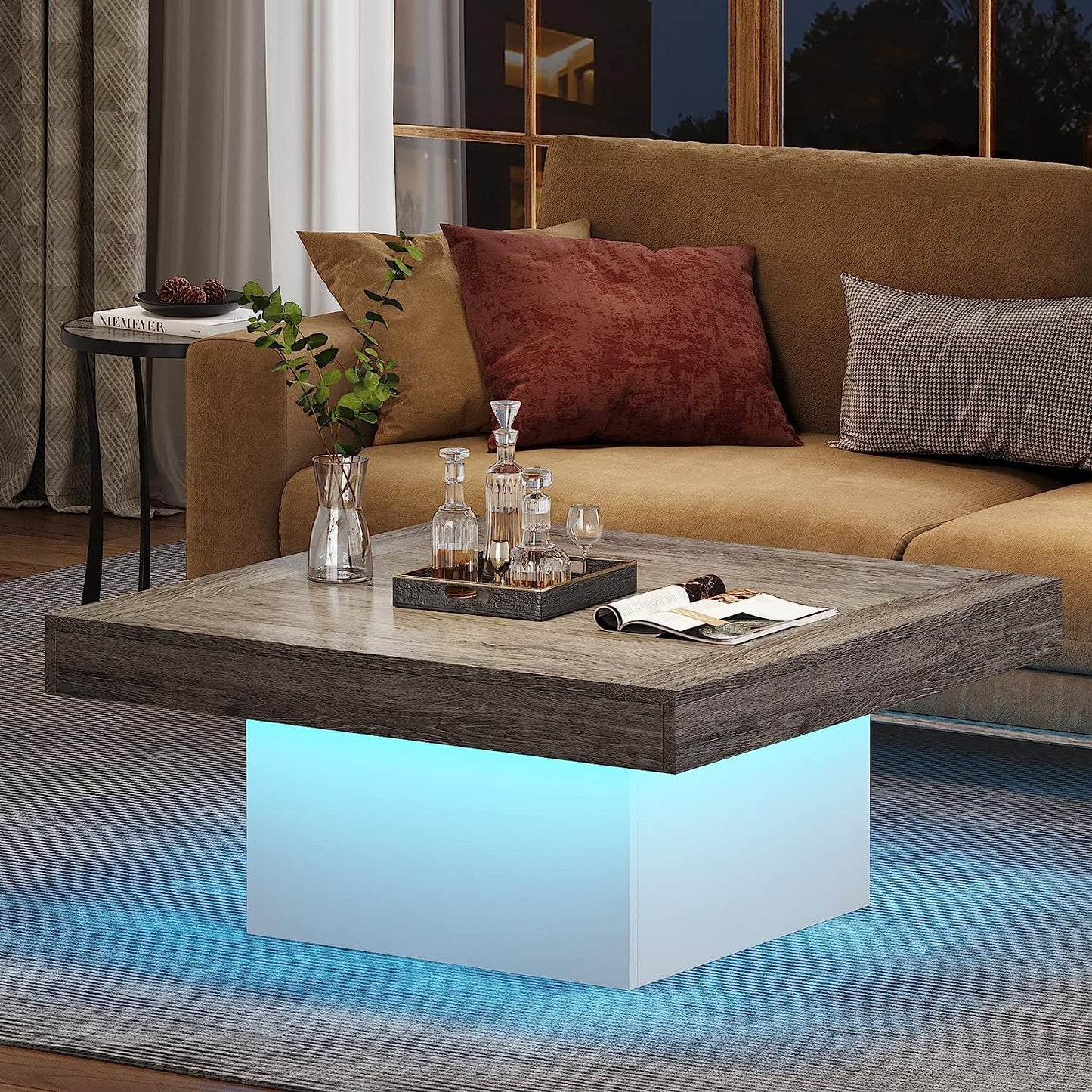 Farmhouse Coffee Table Square LED  Rustic Grey & White