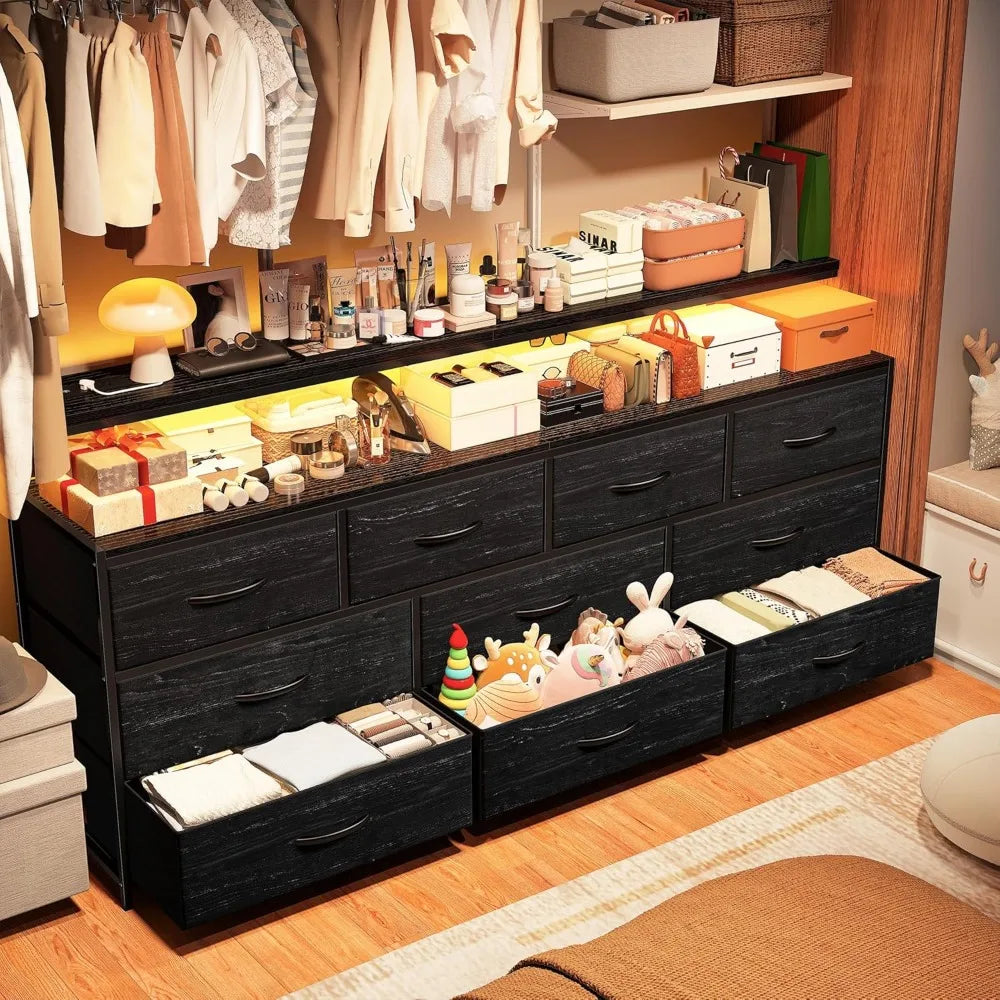 55" W Dresser with 10 Drawers Dresser with LED Lights & Power Outlets Dressers & Chests of Drawers Charcoal Black