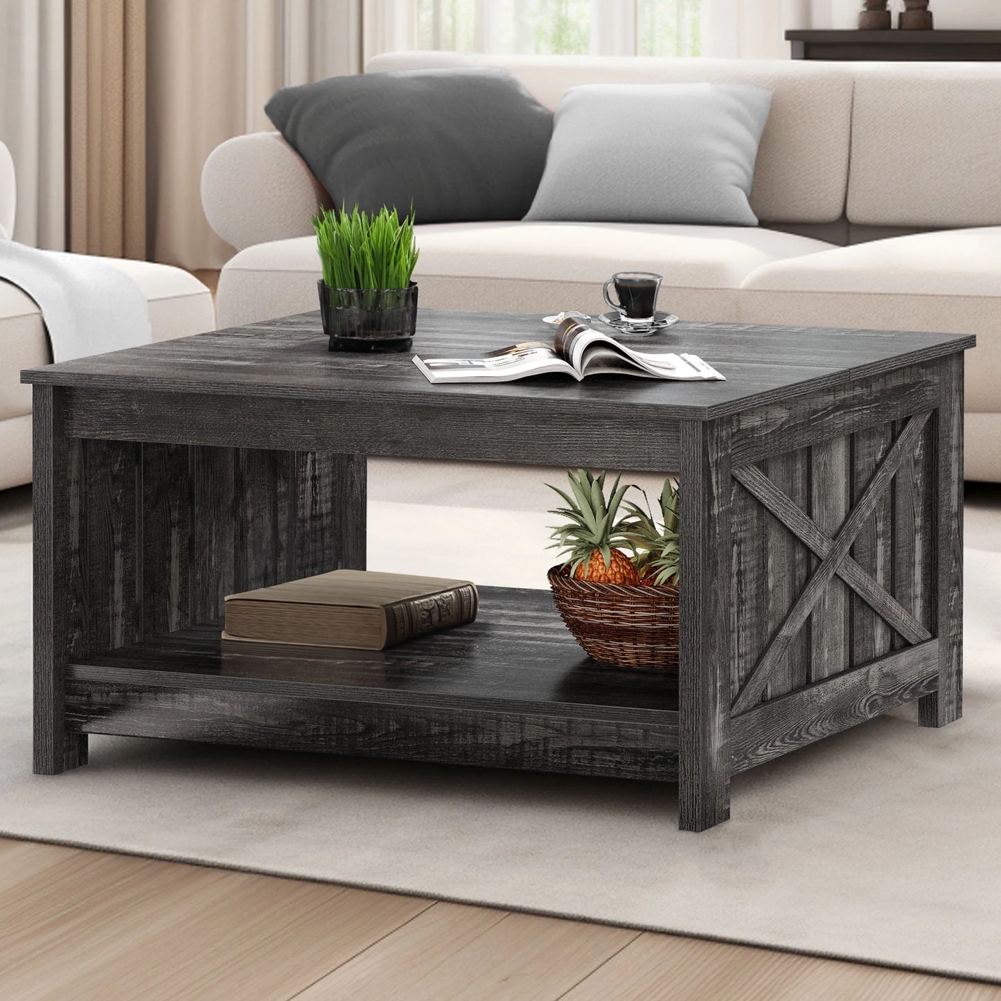 Coffee Table, Square Coffee Table with Half Open Storage Compartment, Rustic Gray