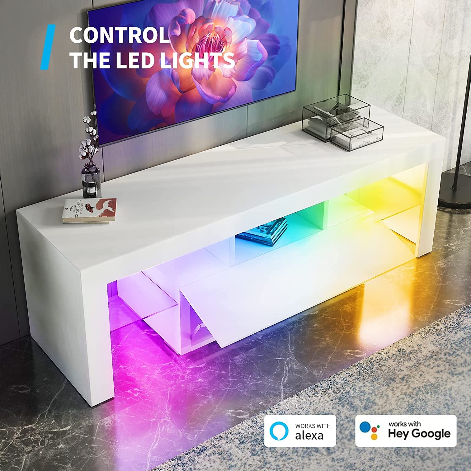 LED TV Stand for 55+ Inch TV, White TV Stands with Smart RGB LED Strip Light (Smart White)