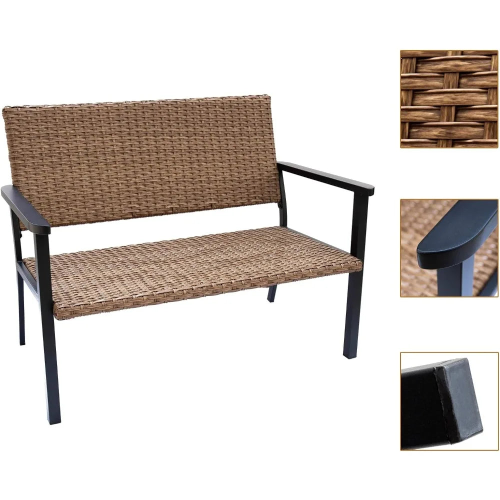 Outdoor Patio Bench Chair, Metal Frame, Natural All Weather Wicker Patio Benches