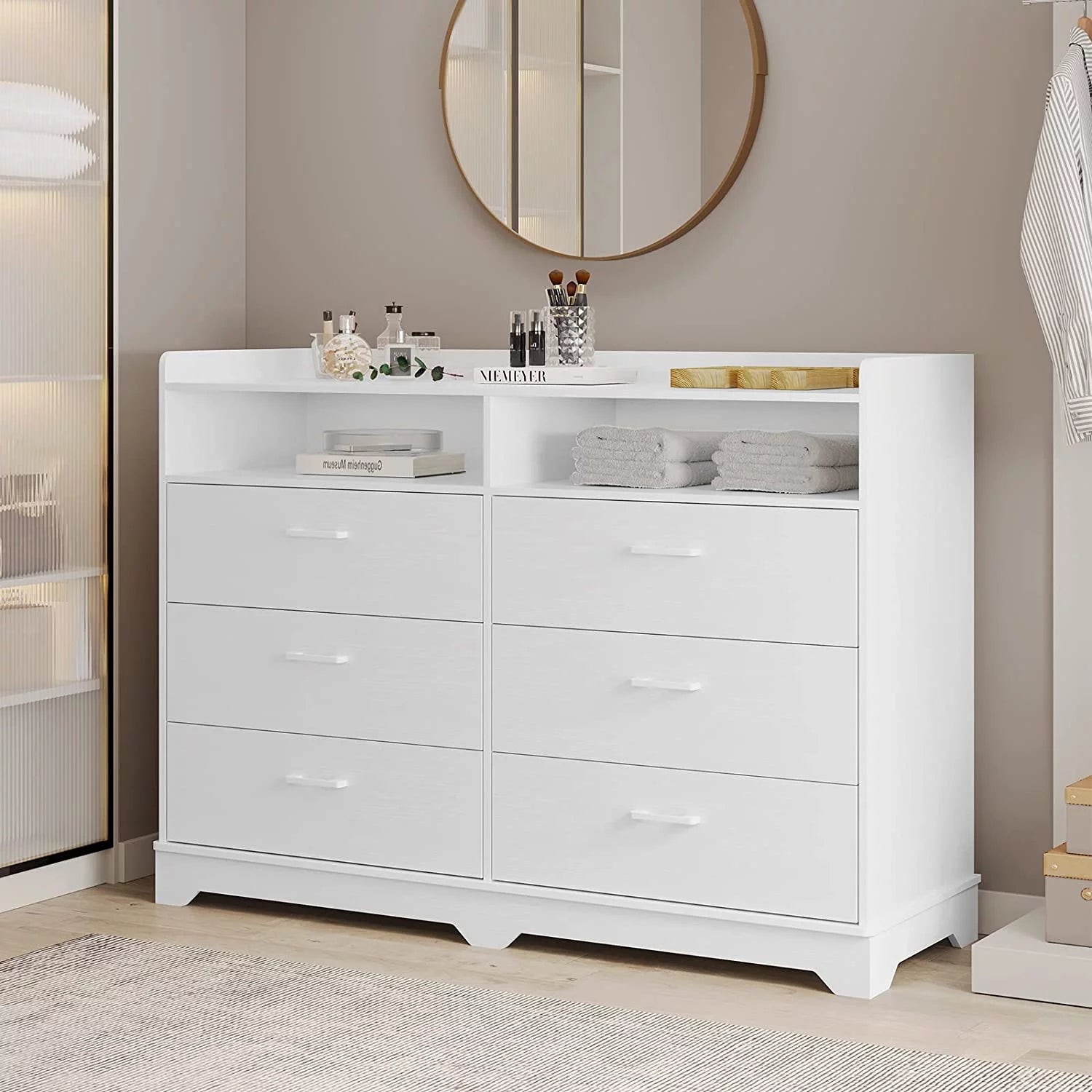 6 Drawers Dresser, 2 Open Cubby, White