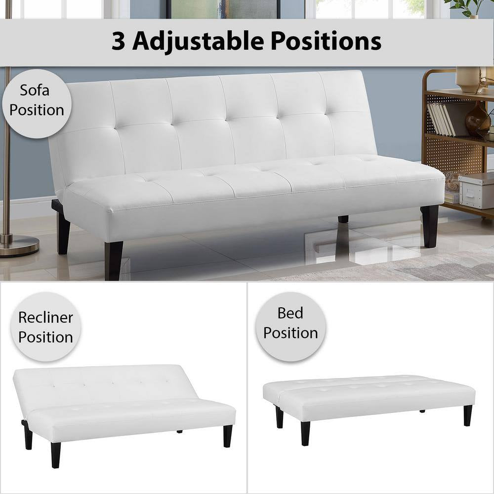 White Futon Sofa Bed, Faux Leather with Wooden Legs