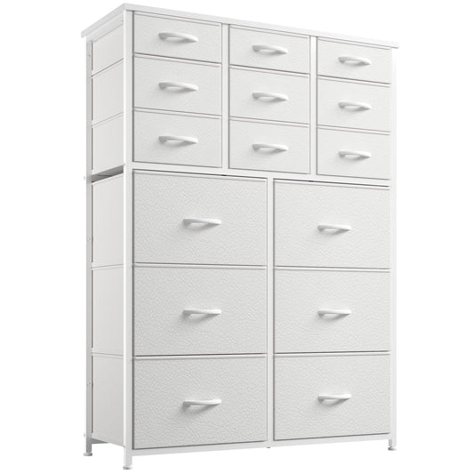 15 Drawer White Dresser, Tall Dressers with 15 Drawers, with Wood Top and Metal Frame, White