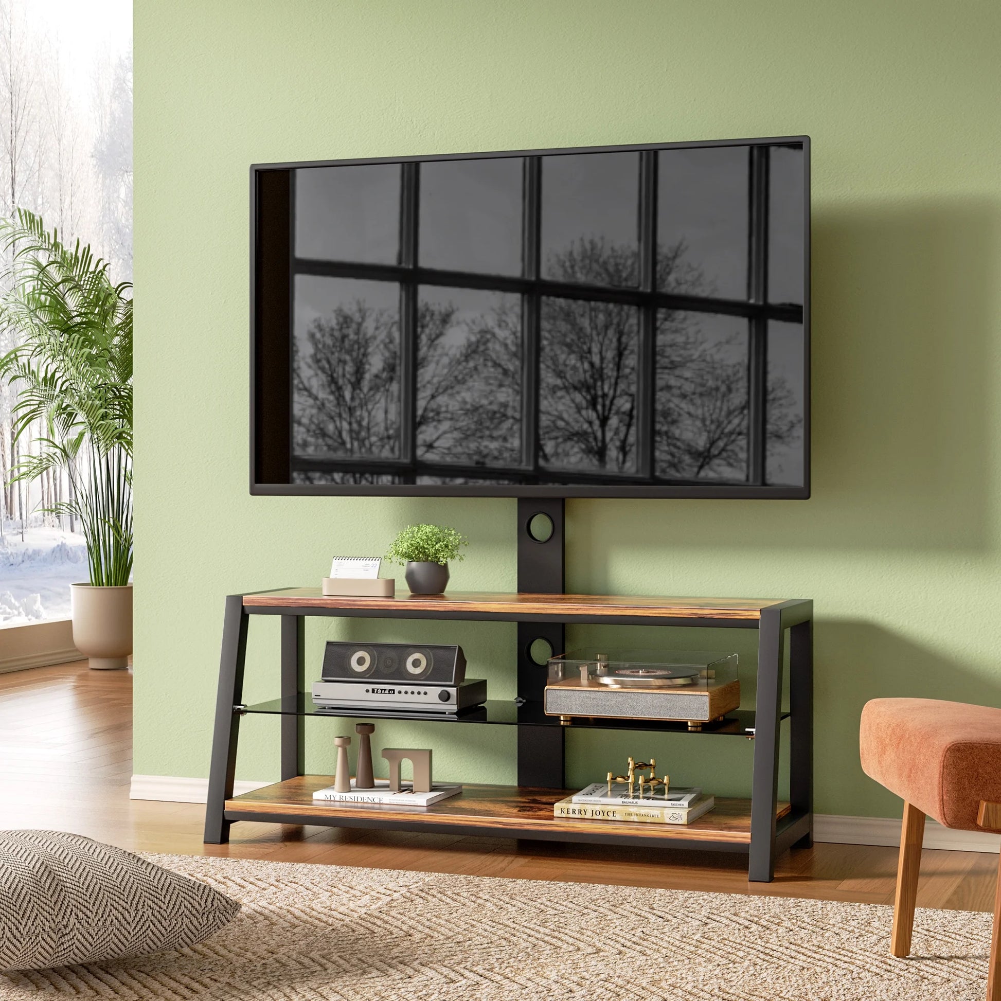 Swivel TV Stand with Mount, Wood Floor TV Stand for 65" TV Bedroom