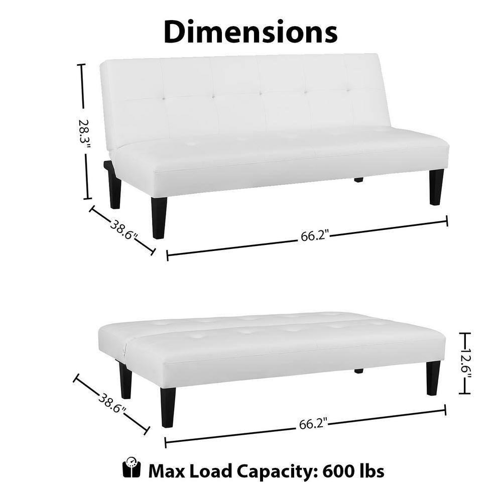 White Futon Sofa Bed, Faux Leather with Wooden Legs