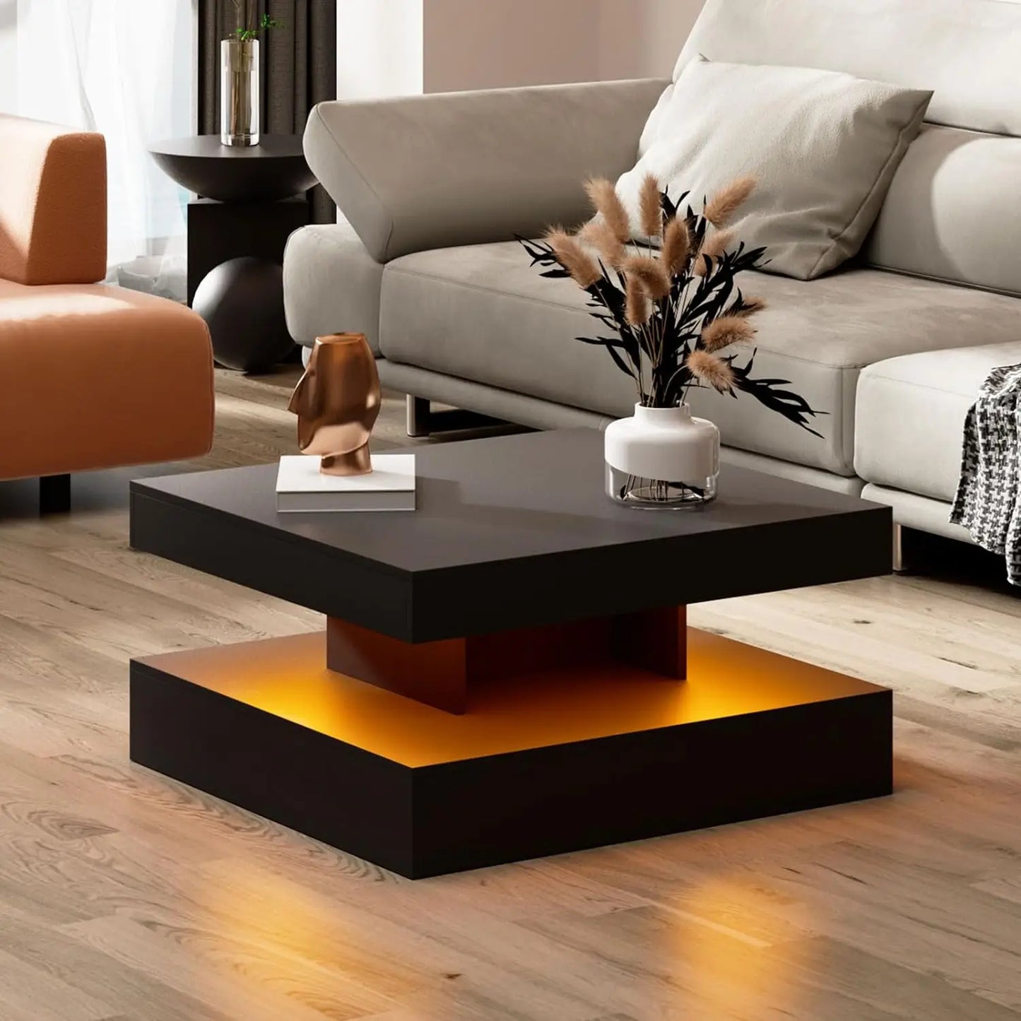 LED Coffee Table with Storage, Modern Smart Tall Square Center Table 2 Tier Display Shelf 20 Colors Light Wood