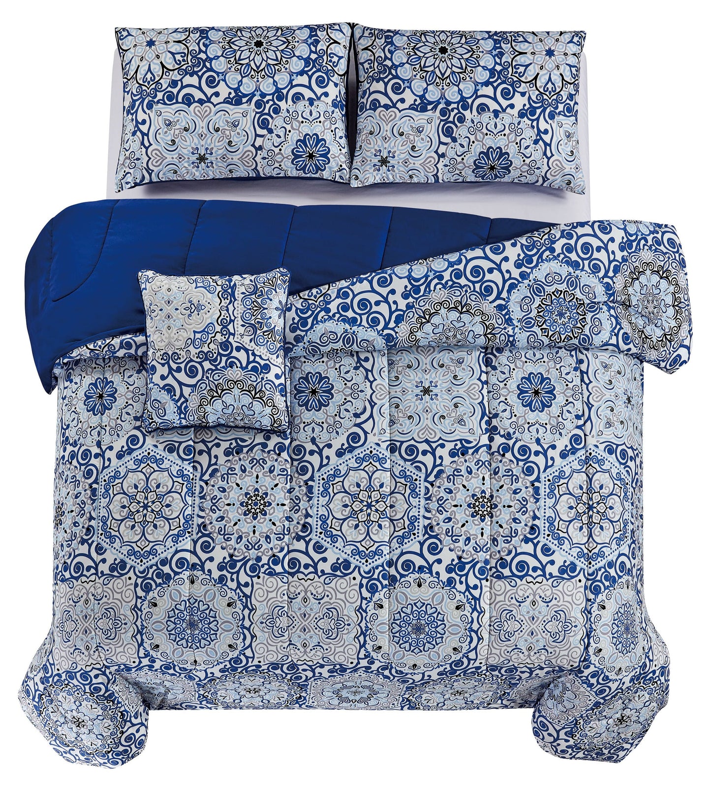 Lux Decor Collection 5 Piece Bedding Comforter Set - Reversible Microfiber Bed Comforter for Size Bed (Aztec Blue)