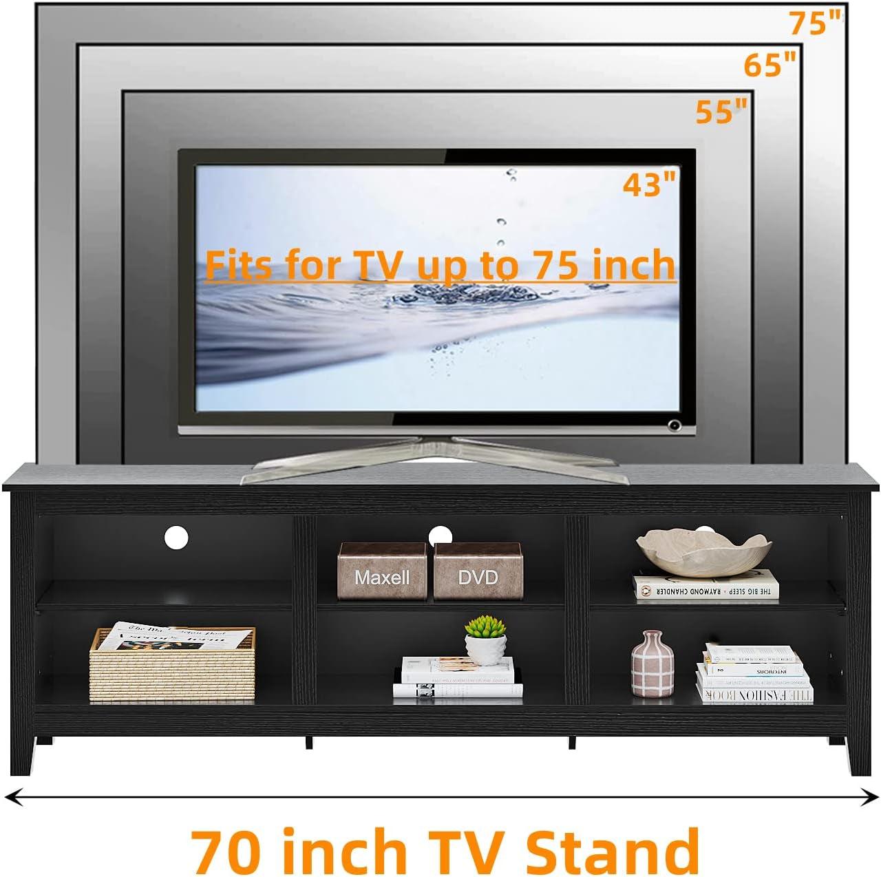 TV Stand, 6 Open Media Storage for Tvs up to 80 Inches, (70 Inches Black)