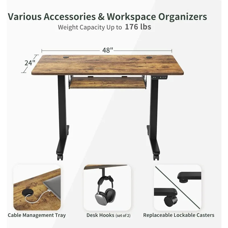 Standing Desk with Keyboard Tray, 48 × 24 Inches Electric Height Adjustable Desk, Sit Stand up Desk