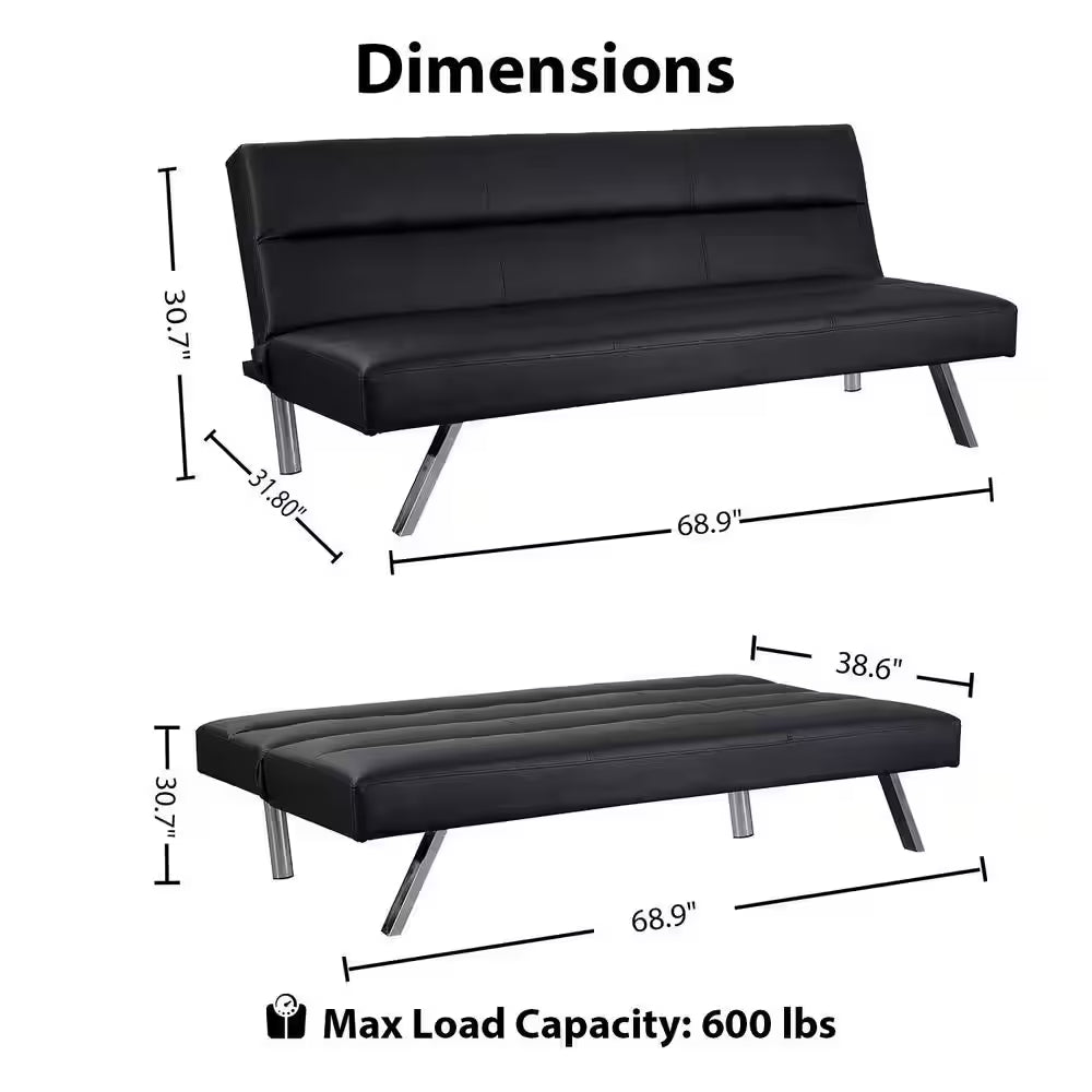 66.1 In. W Armless Faux Leather Rectangle Futon Sofa in Black