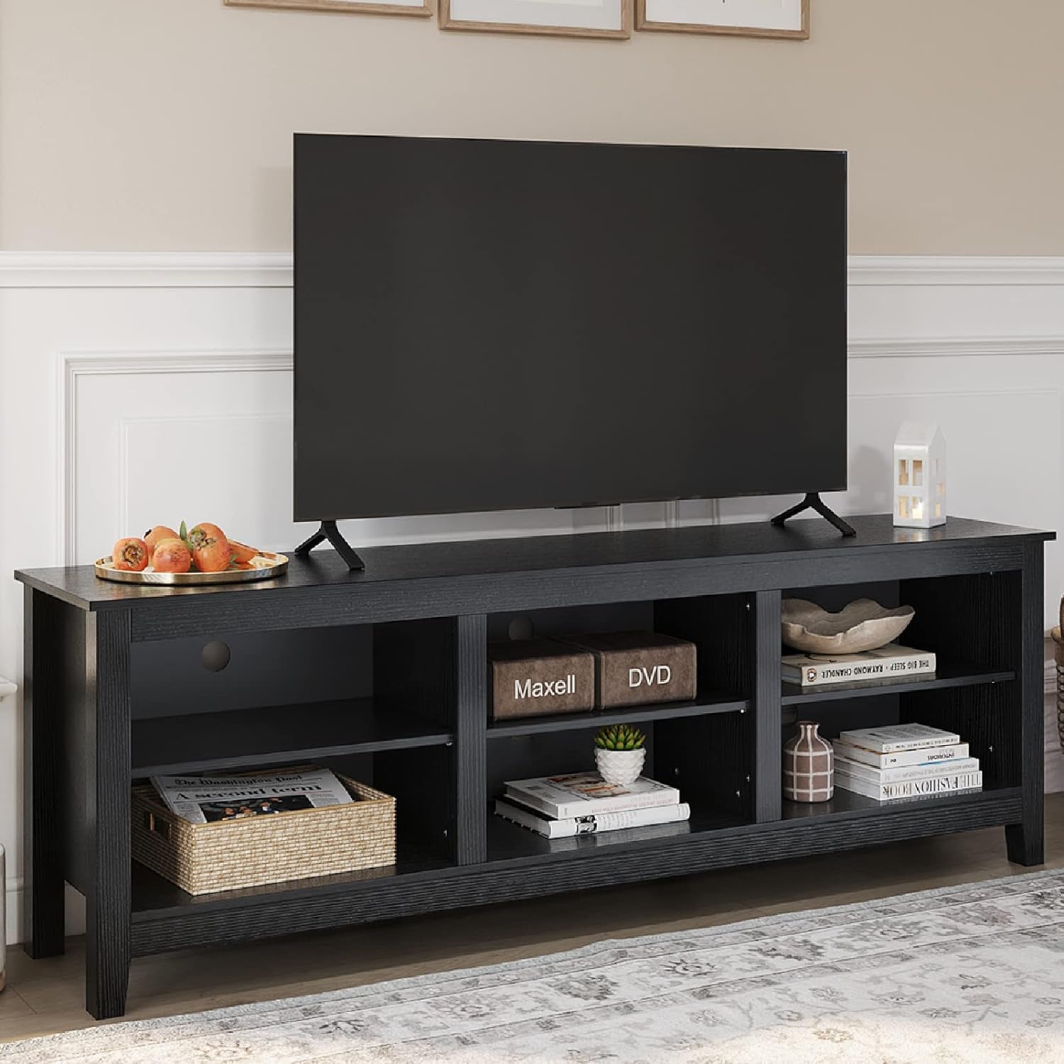 TV Stand, 6 Open Media Storage for Tvs up to 80 Inches, (70 Inches Black)