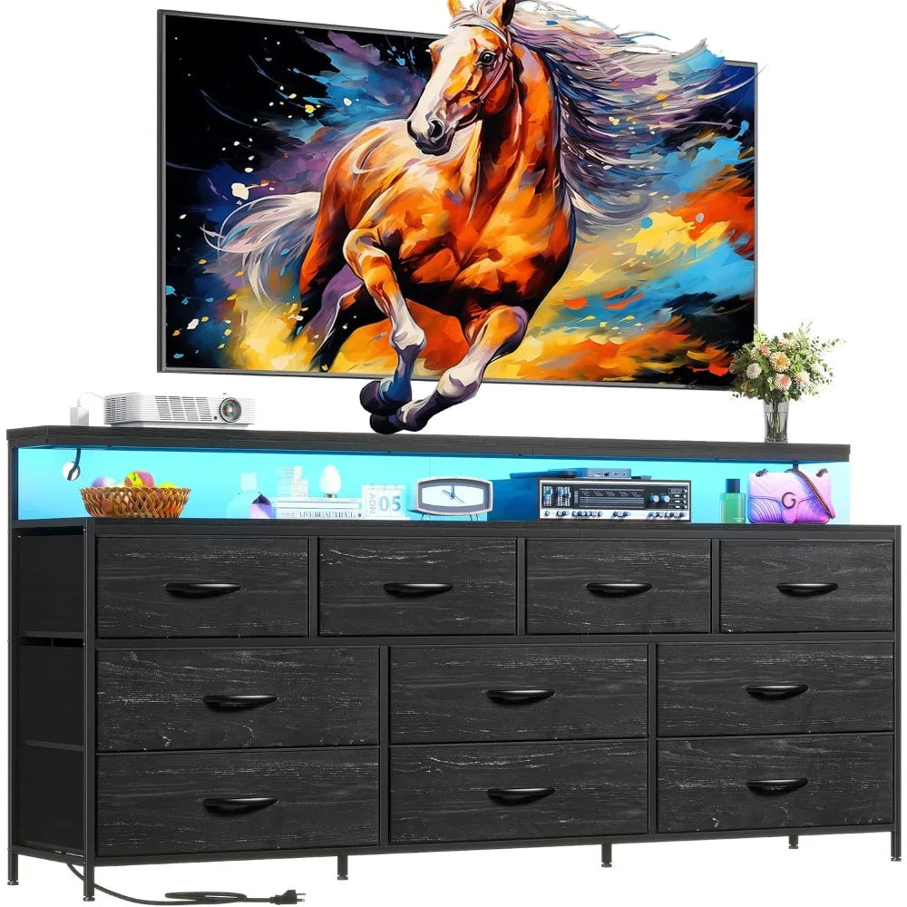 55" W Dresser with 10 Drawers Dresser with LED Lights & Power Outlets Dressers & Chests of Drawers Charcoal Black