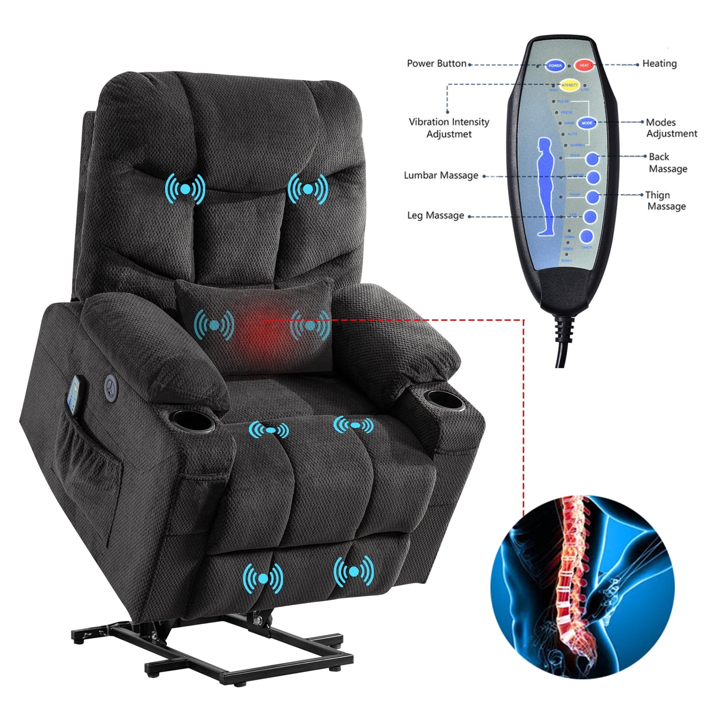 Power Lift Recliner Chairs Velvet Electric Vibration Massage Heat Remote Control USB Port Dark Gray