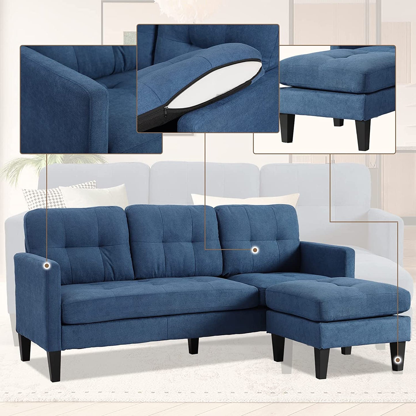 L-Shaped Couch Modern Sofa Set with 3-Seat Couch and Reversible Chaise (Blue)