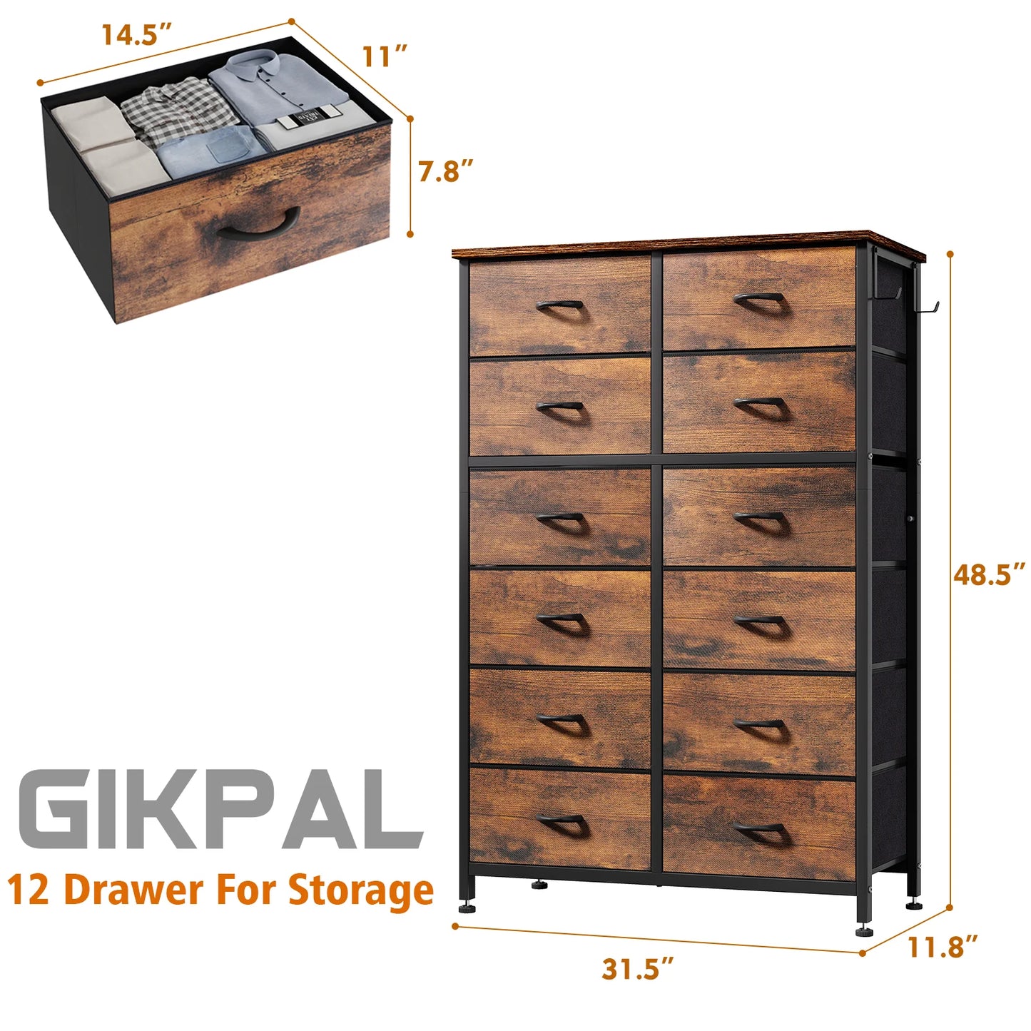 12 Drawer Chest, Tall Dresser, Steel Frame and Wooden Top Brown