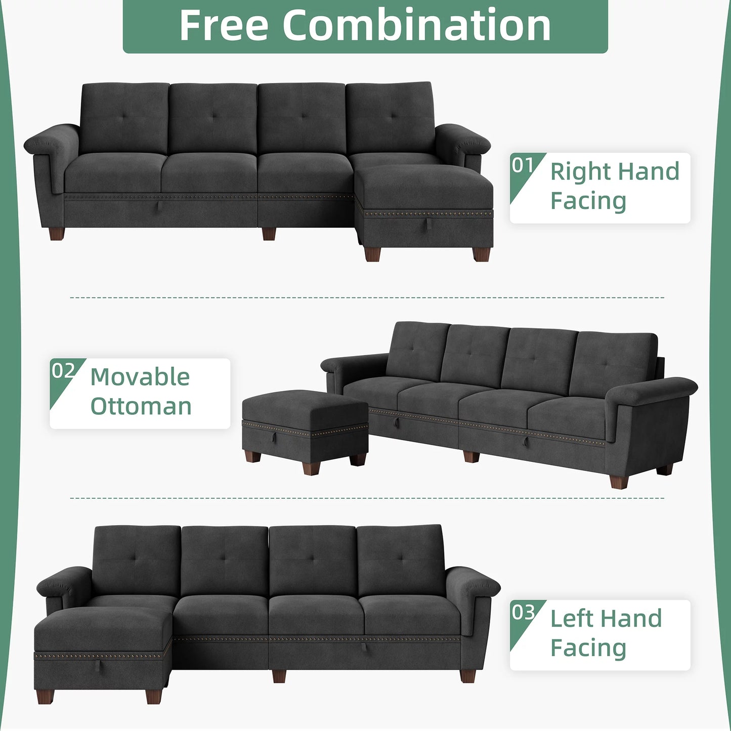 Convertible Sectional Sofa L Shaped Couch with Storage Chaise, 4-Seater Reversible Sectional Couch with Cup Holders Black