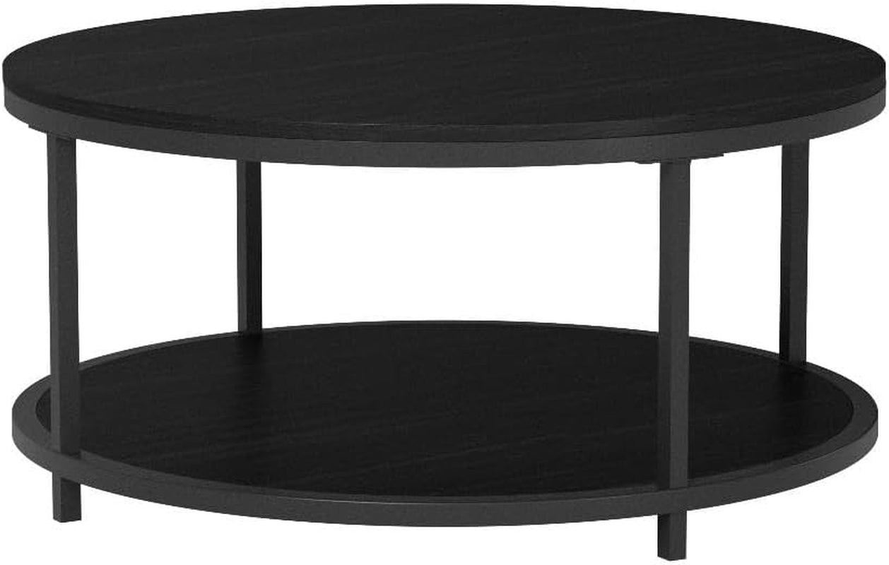 36 Inches round Coffee Table, Rustic Wooden Surface Top & Sturdy Metal Legs with Storage Open Shelf (Black)