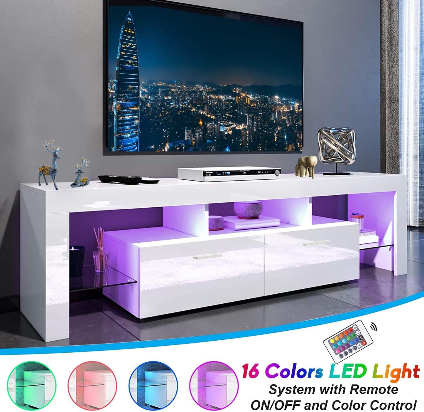 Modern White LED TV Stand with 16 Colors Light, for 70 Inch Tvs