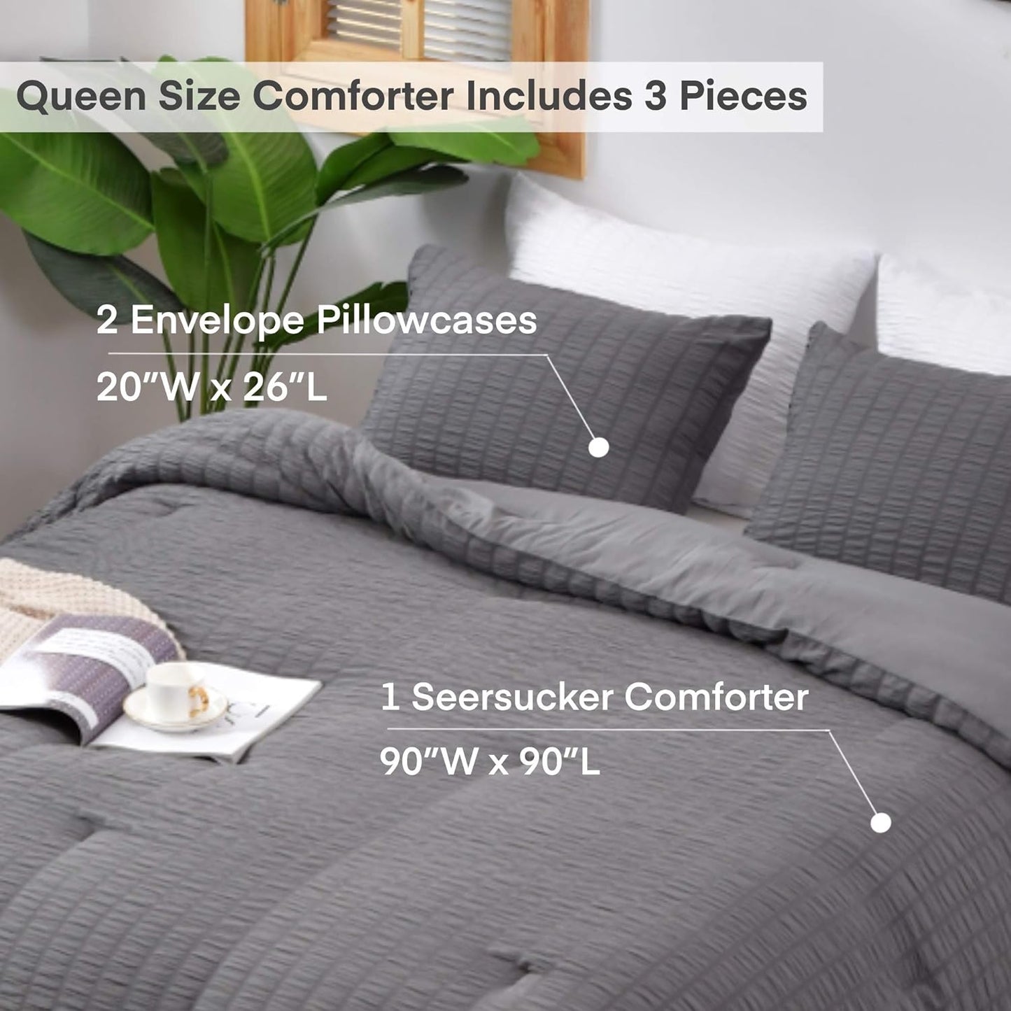 Seersucker Queen Comforter Set (90X90 Inches), 3 Pieces- Comforter with 2 Pillowcases, Grey