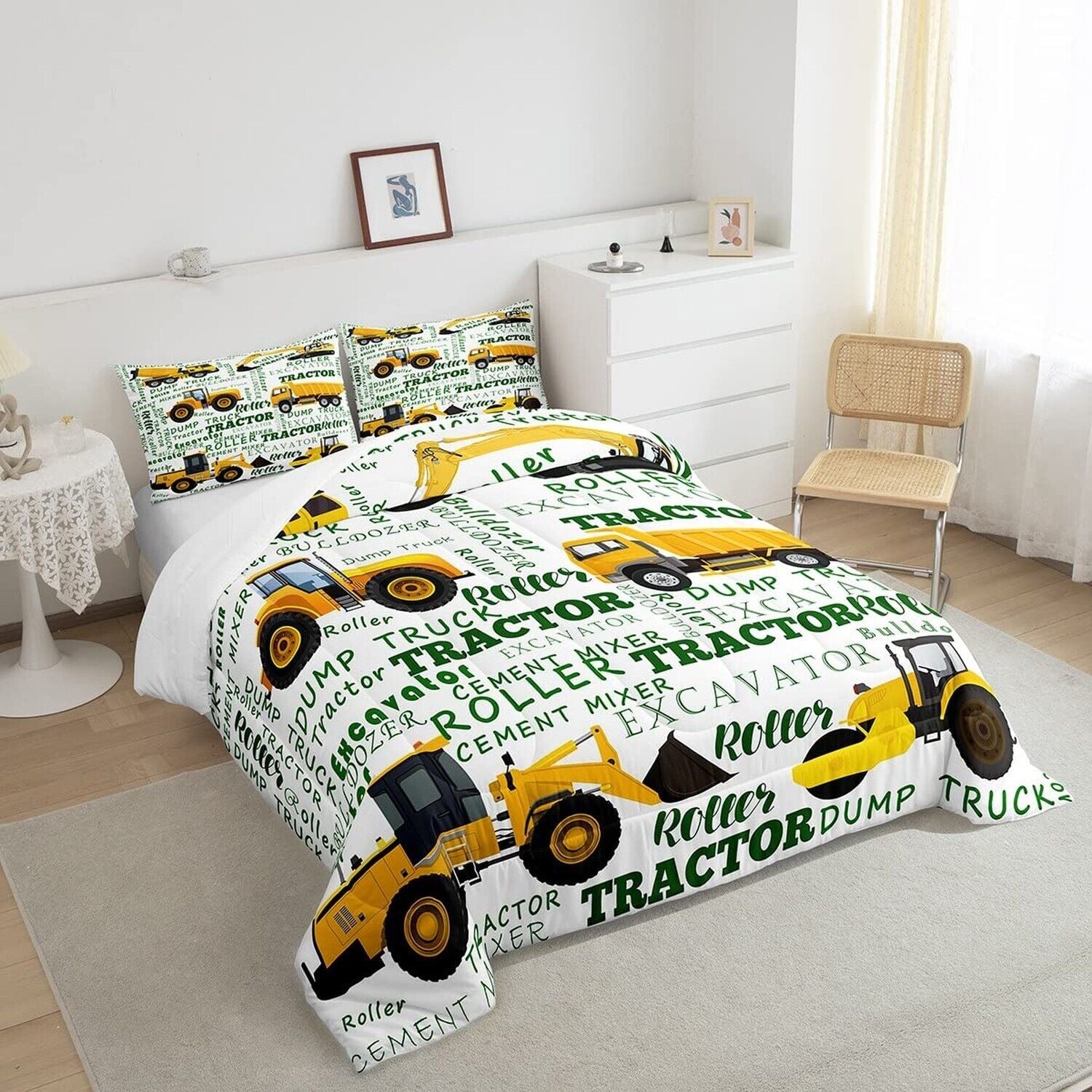 Yellow Truck down Comforter Twin Cartoon Construction Bedding Set