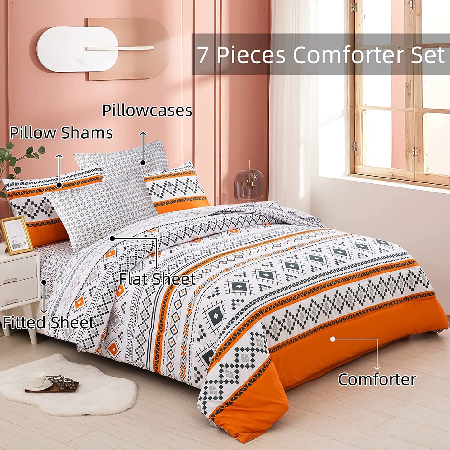 Fall Boho Comforter Set Queen,7 Pieces Autumm Orange Bohemian (1 Comforter,2 Pillowcases,1 Flat Sheet,1 Fitted Sheet,2 Pillow Shams)