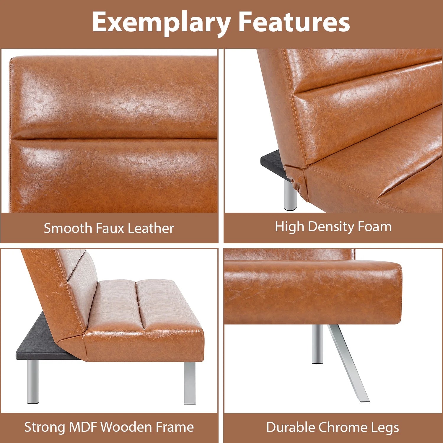 Faux Leather Futon Couch, Chrome Legs, Reclining Mini Couch - Caramel