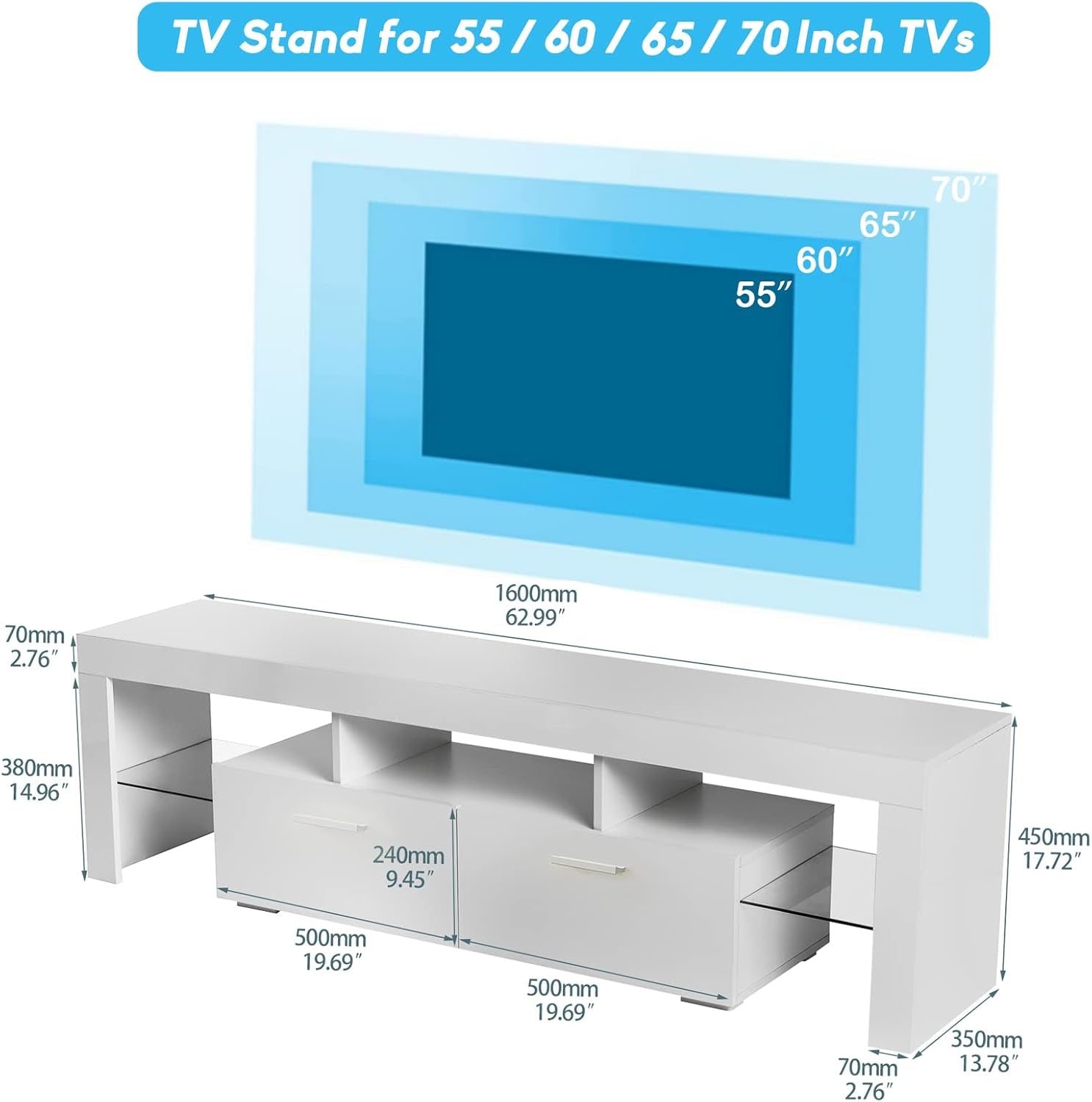 Modern White LED TV Stand with 16 Colors Light, for 70 Inch Tvs