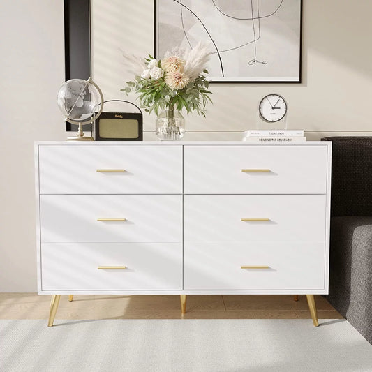 6 Drawer Dresser, Modern Wood, with Wide Drawers and Metal Handles, (White-47.2")