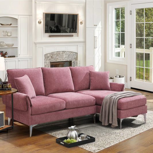 84" Convertible Sectional Sofa Couch, L Shaped Couch with 2 Pillows, 3 Seater, Pink