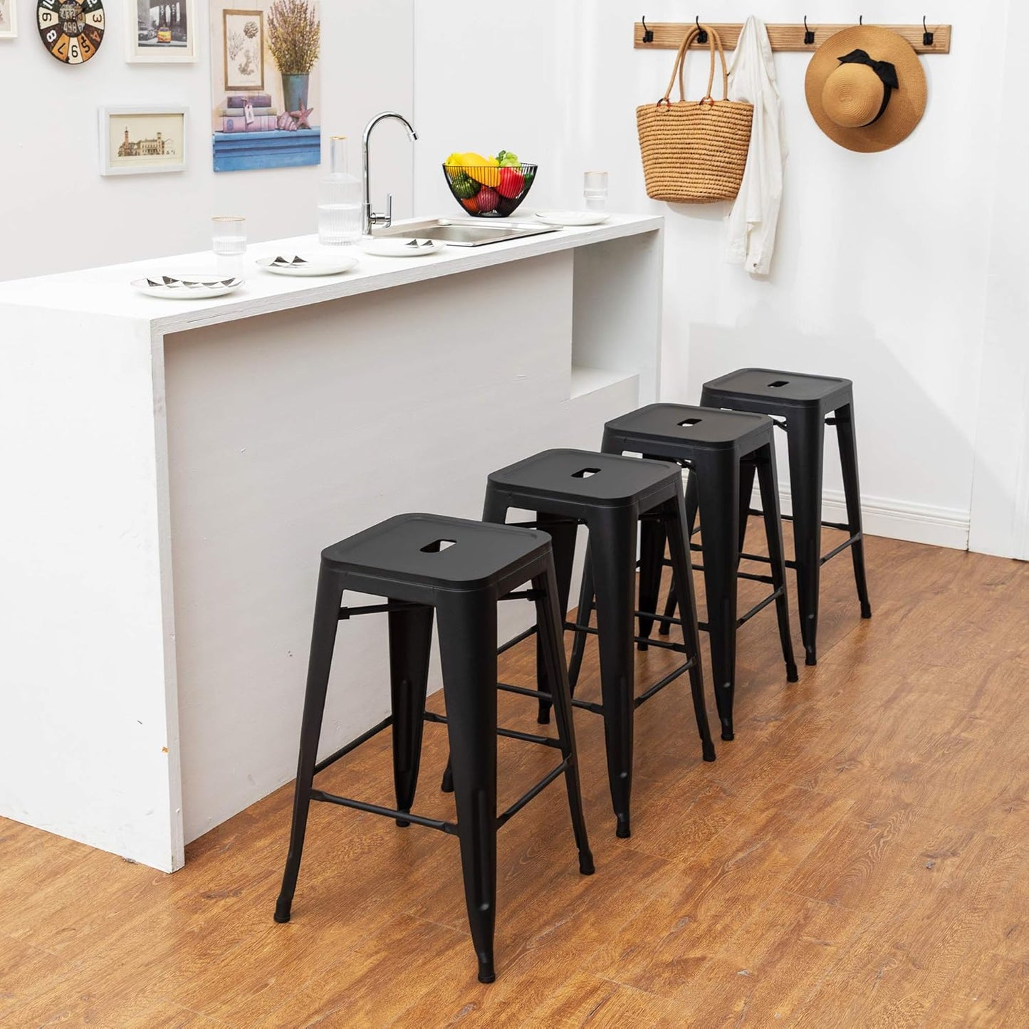 24 Inch Metal Bar Stools Set of 4 Counter Stools with Backs Counter Height Stools Backless Bar Chairs Stackable Kitchen Stools Matte Black