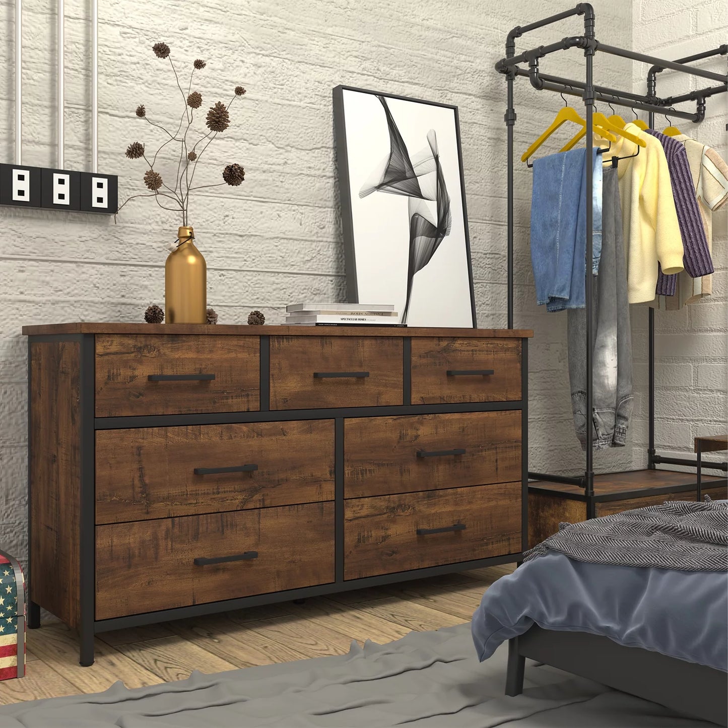 7 Drawer Dresser, Industrial Wood Storage Dressers & Chests of Drawers with Sturdy Steel Frame