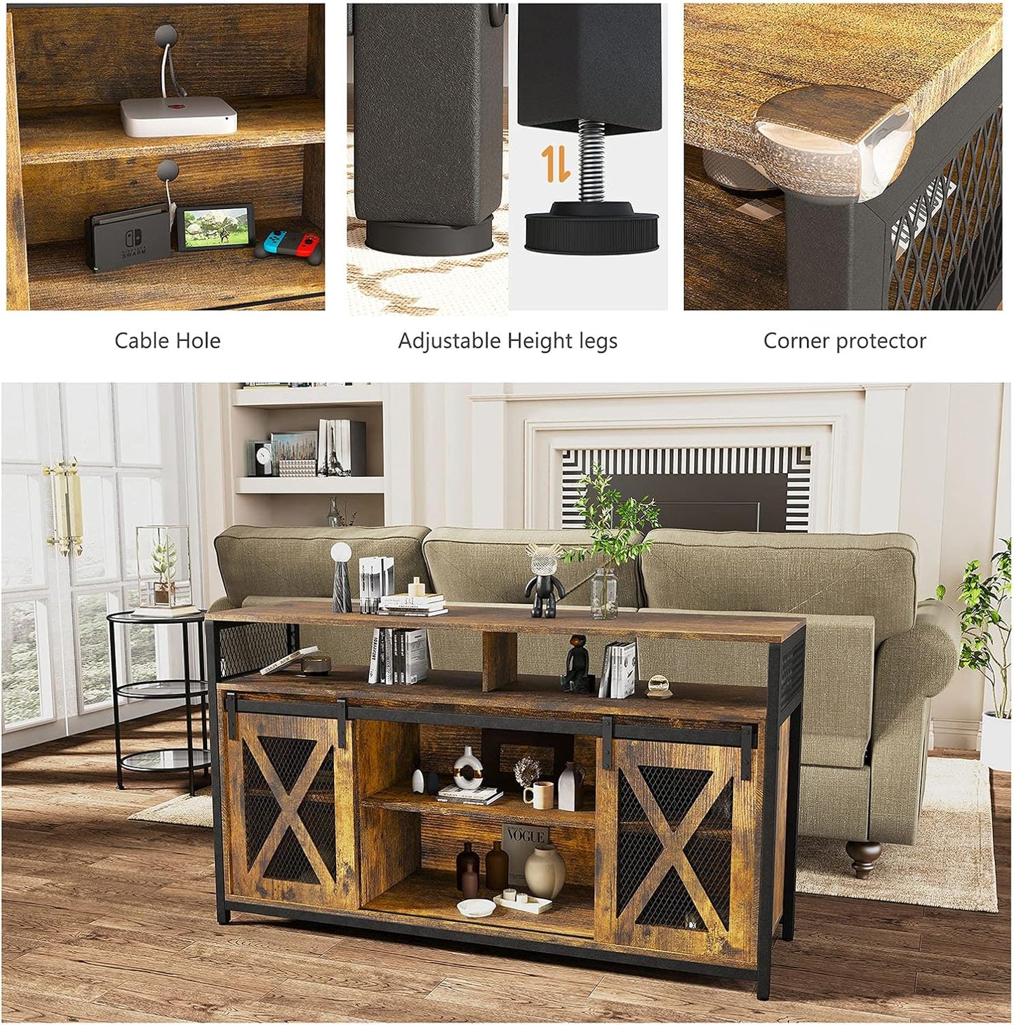 TV Stand with Sliding Barn Doors, Entertainment Center with Adjustable Storage Shelves, up to 65'', Rustic Brown